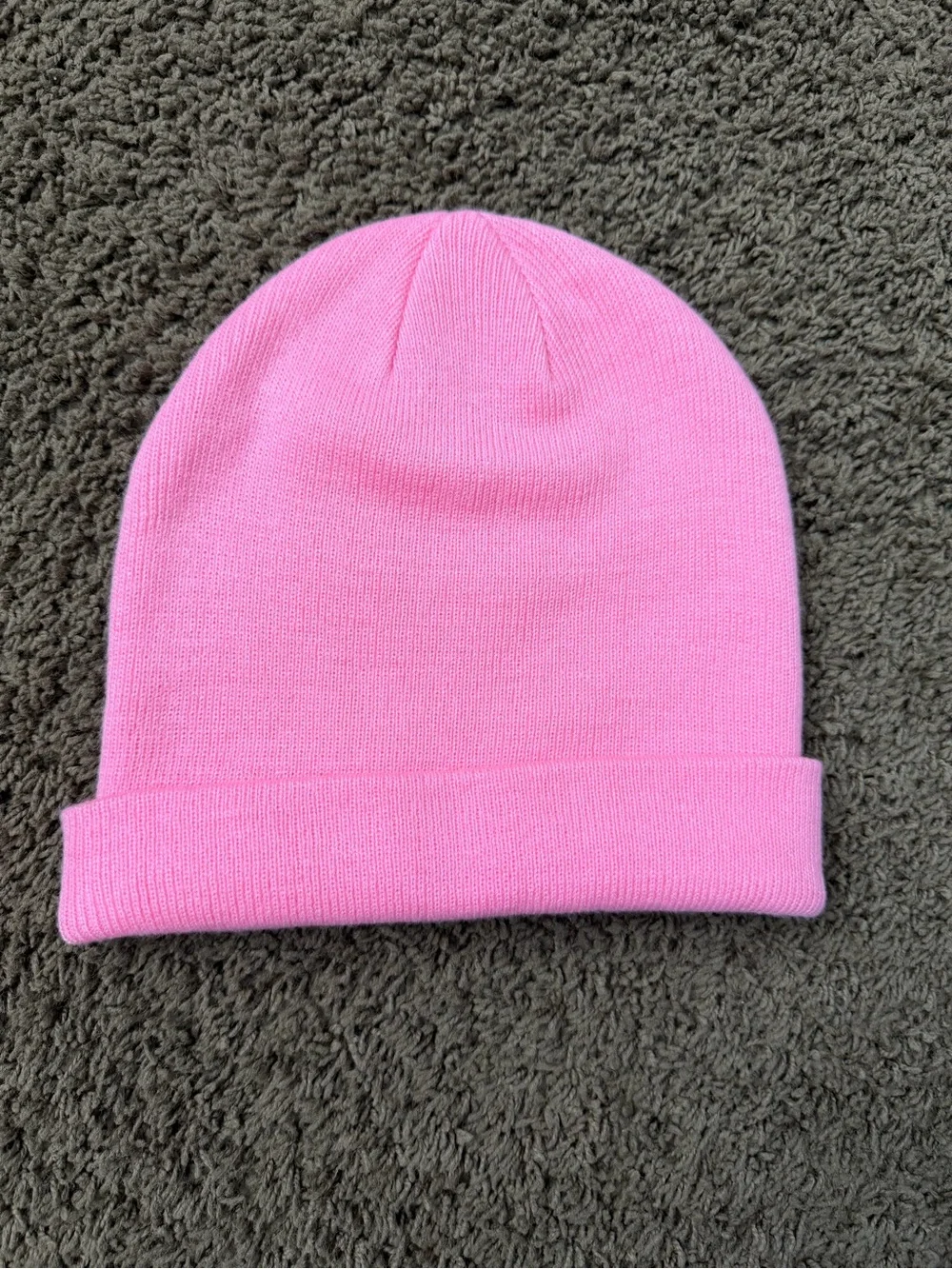 Pink Knit Acrylic Beanie Hat Women’s One Size Stretch Solid Smiley Logo Patch